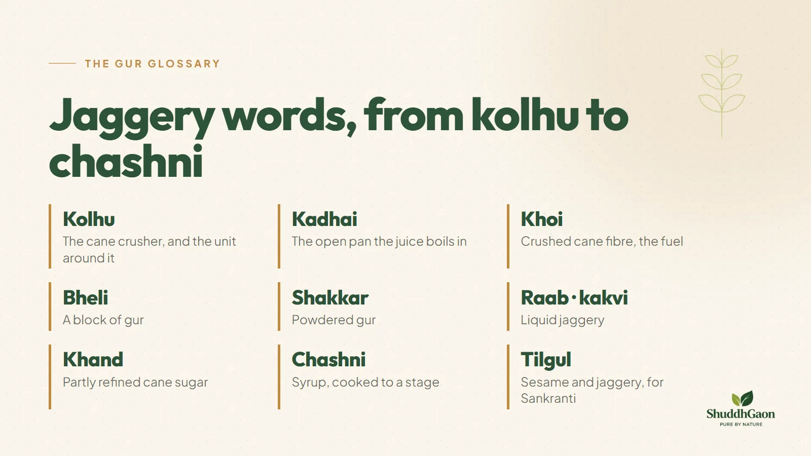 Words from the jaggery glossary: kolhu, kadhai, khoi, bheli, shakkar, raab, khand, chashni and tilgul