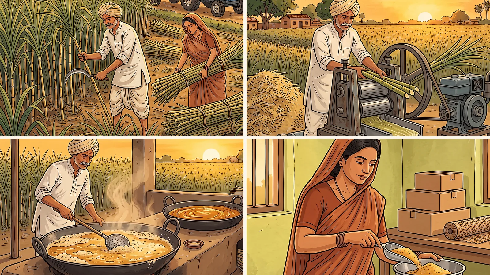 Illustration of the four stages of making gur: harvesting cane, crushing on a kolhu, boiling in an open kadhai and packing