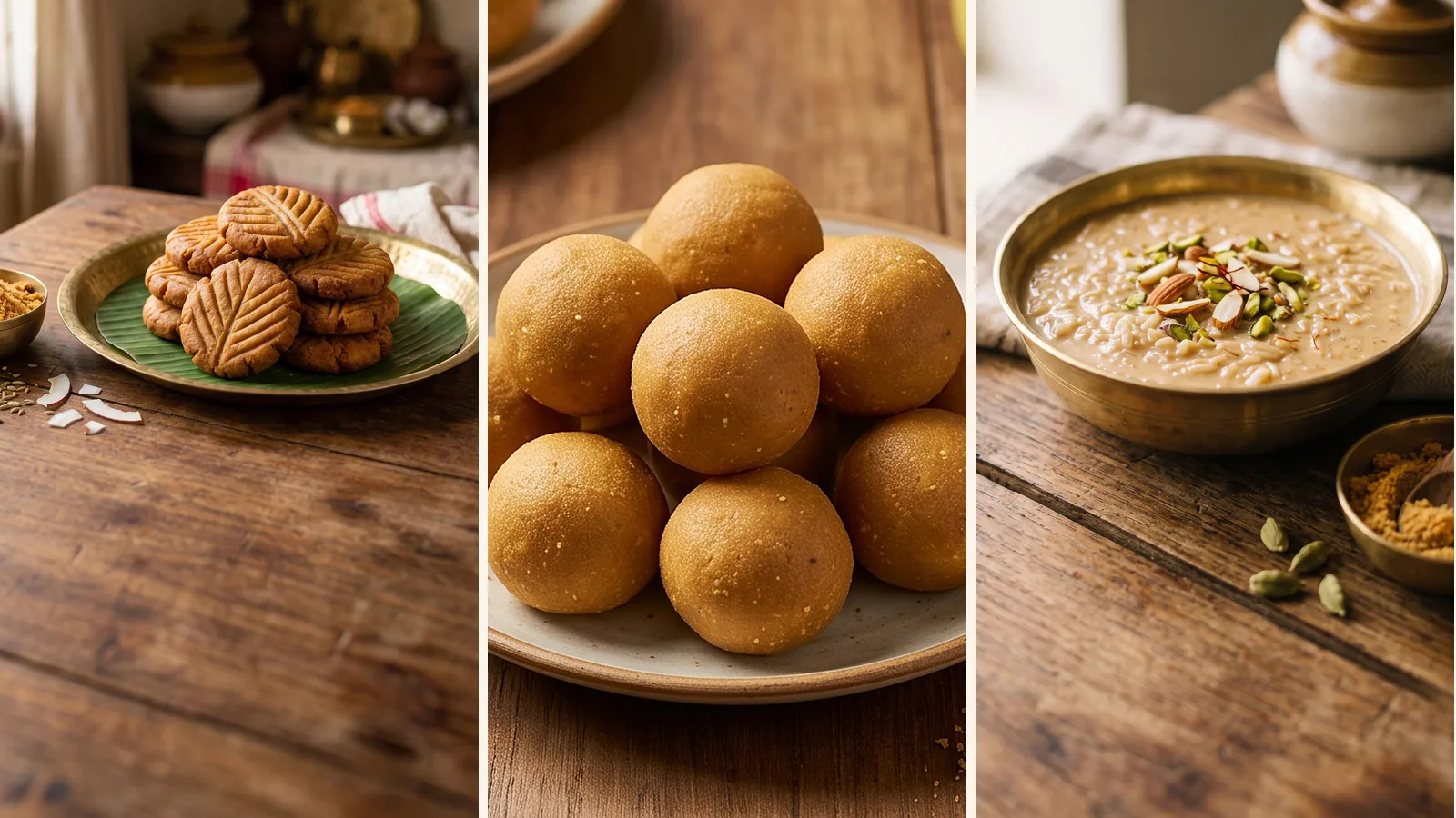 Thekua, til gur laddoo and gur ki kheer, three festival dishes made with jaggery