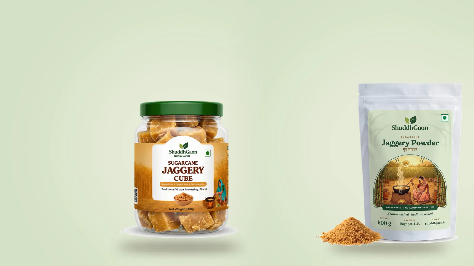 A jar of ShuddhGaon jaggery cubes beside a pouch of ShuddhGaon jaggery powder