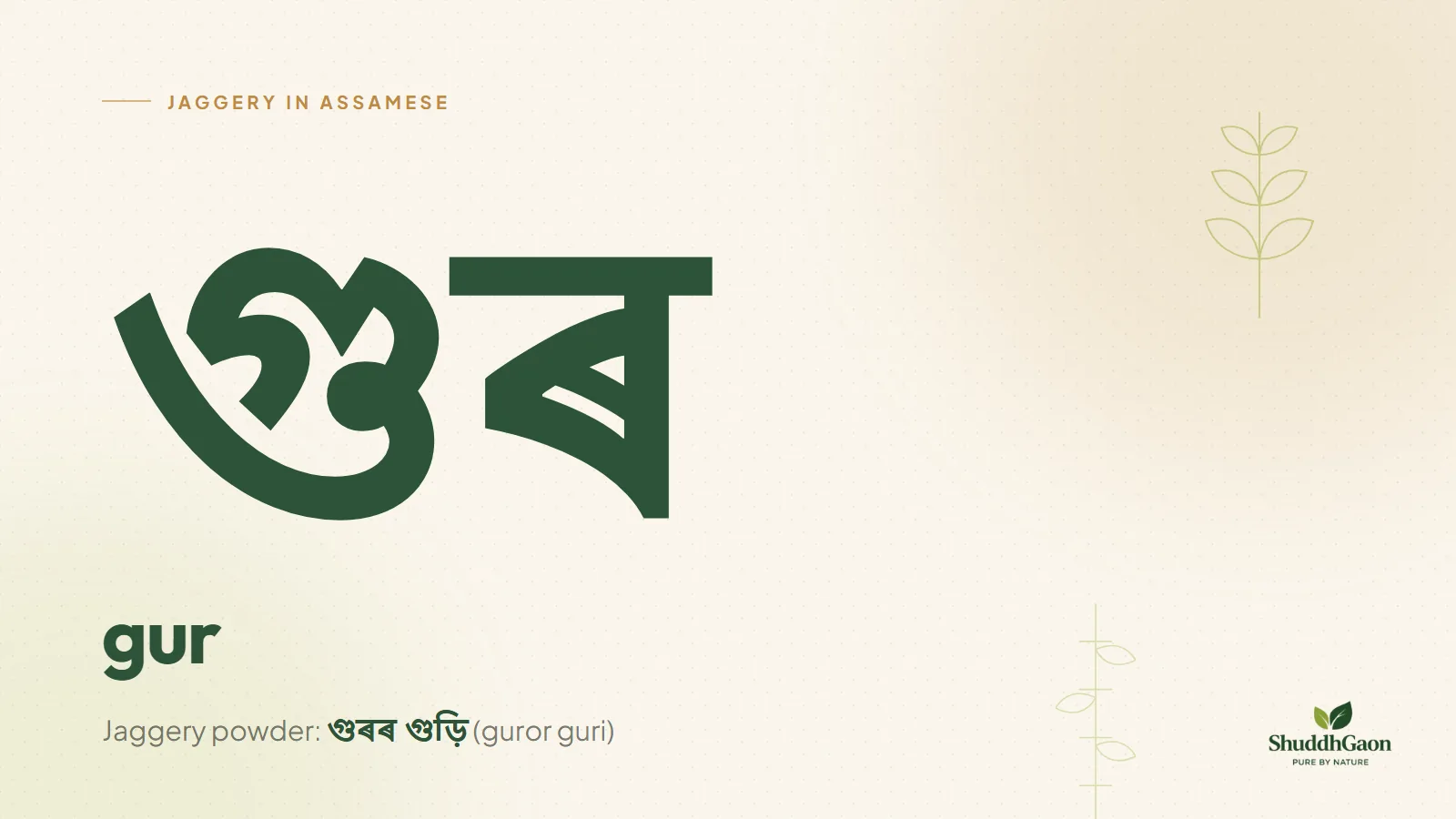 The Assamese word for jaggery, গুৰ, written in Assamese script with its spelling gur