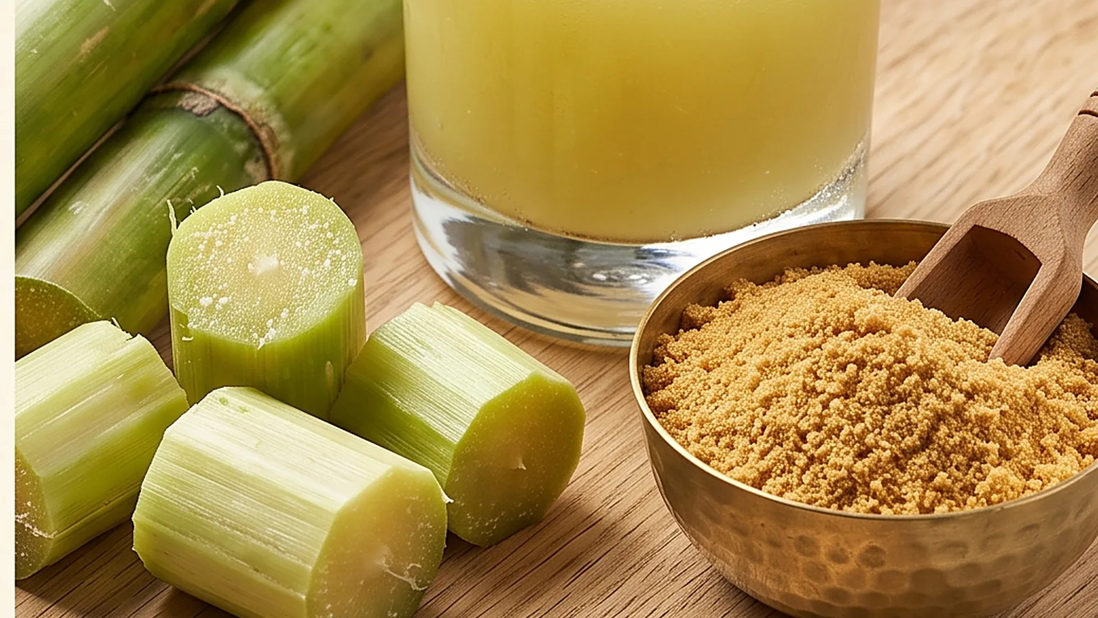 A bowl of golden-brown jaggery powder beside cut sugarcane and a glass of cane juice