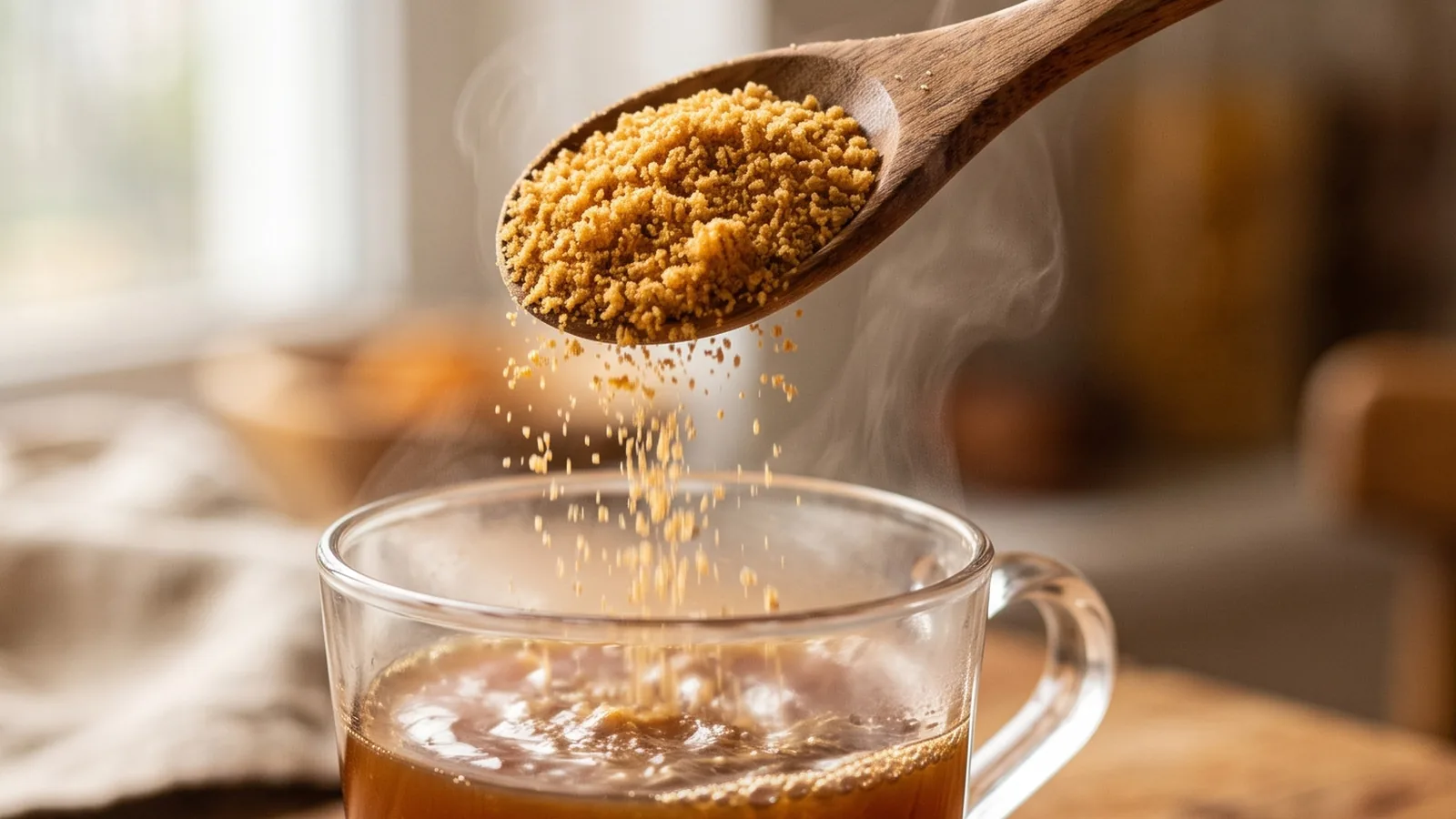 Two wooden spoons of golden-brown jaggery powder being poured into a glass cup