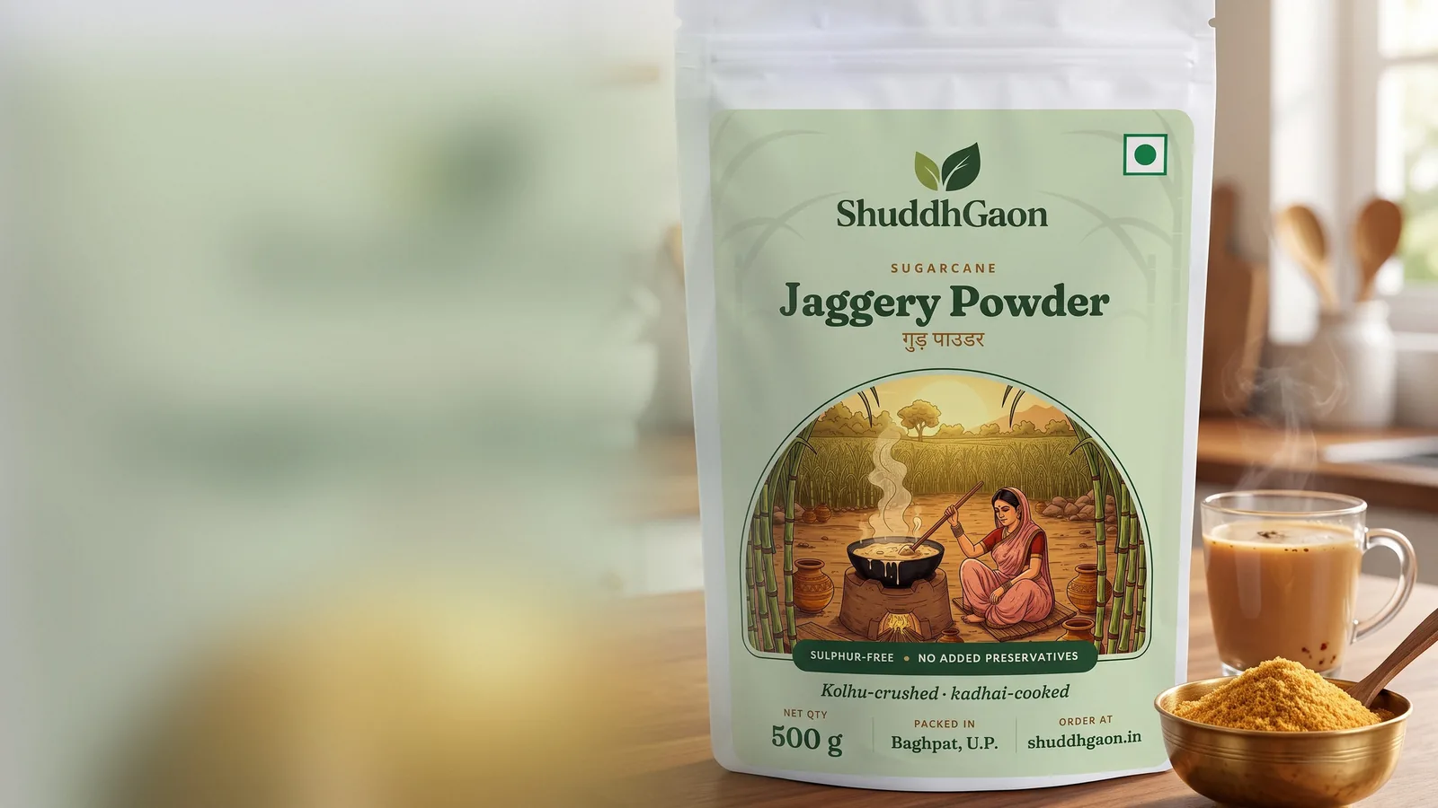 A pouch of ShuddhGaon jaggery powder on a kitchen counter beside a cup of chai and a brass bowl of gur
