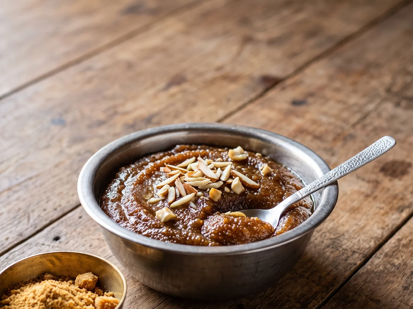 A steel bowl of dark brown aate ka halwa topped with slivered almonds, beside a brass bowl of jaggery powder