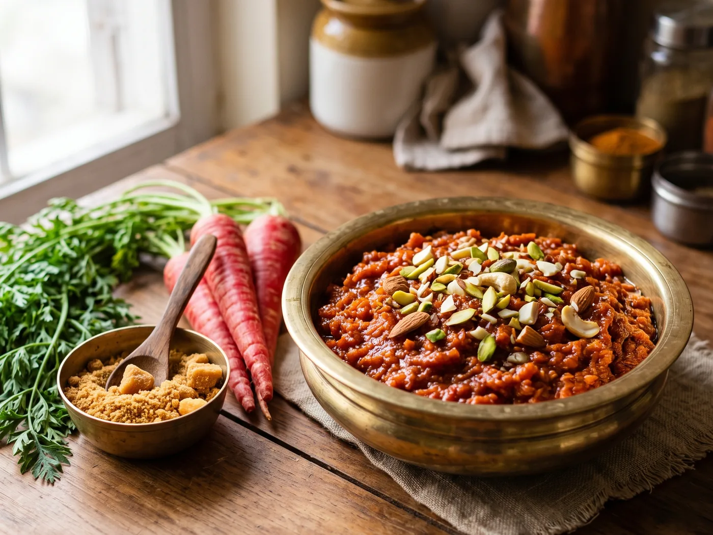 A brass bowl of deep red gajar ka halwa topped with pistachios, with fresh red carrots and a bowl of jaggery powder beside it