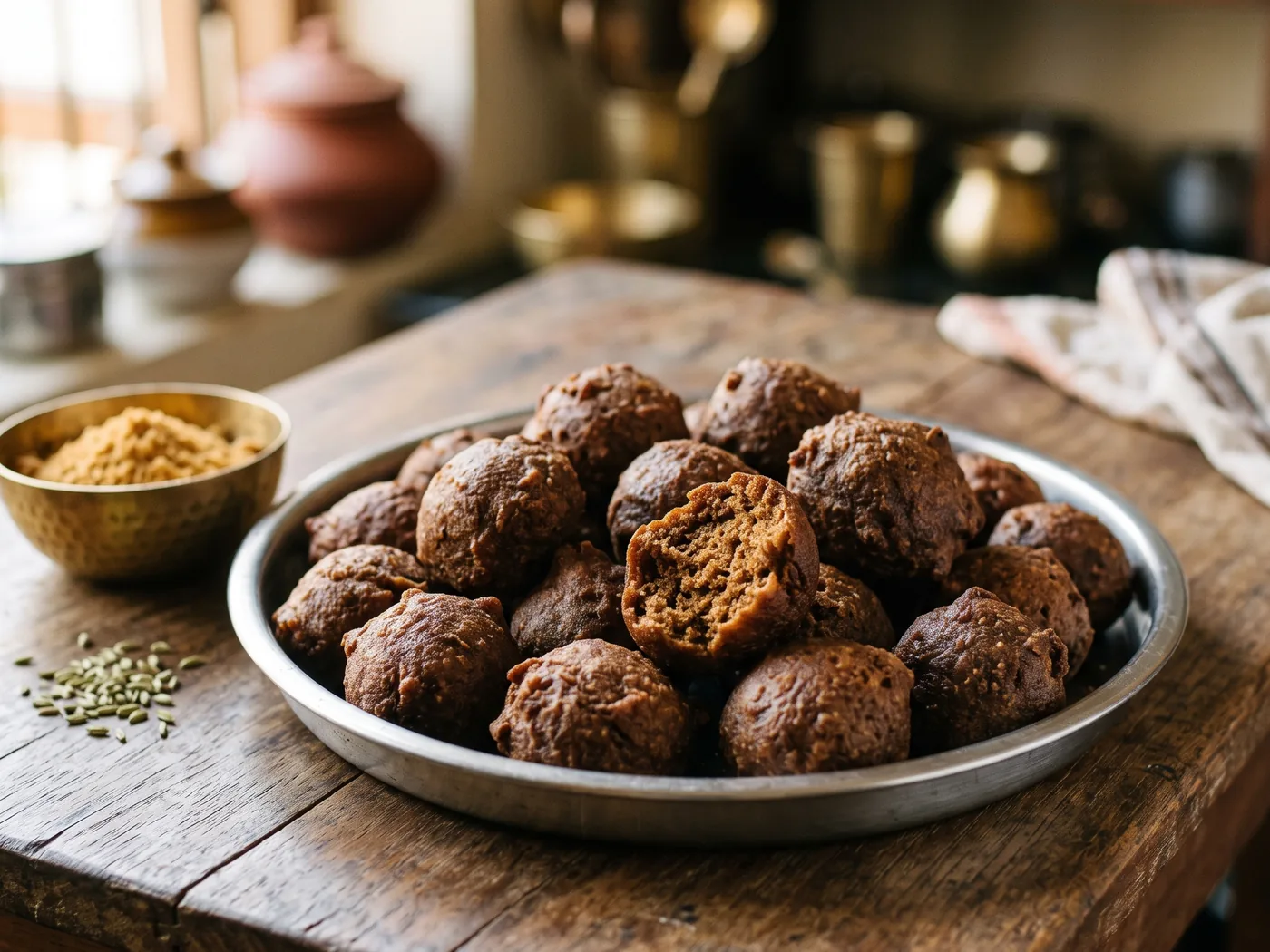 A steel plate of deep brown gulgule, one broken open to show the soft inside, beside fennel seeds and a brass bowl of jaggery powder