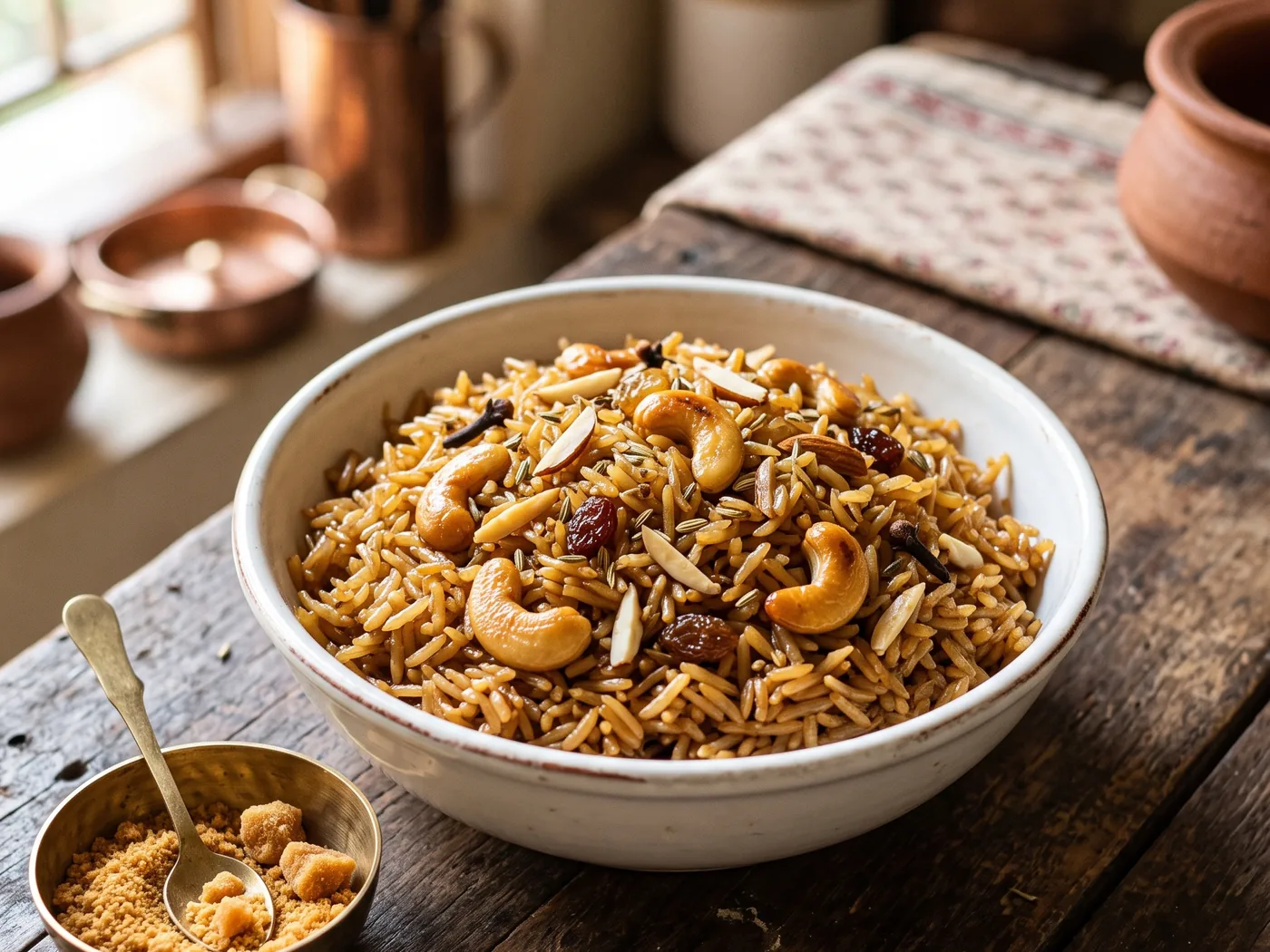 A bowl of golden-brown gur ke chawal with cashews, raisins, almond slivers and cloves, beside a brass bowl of jaggery powder