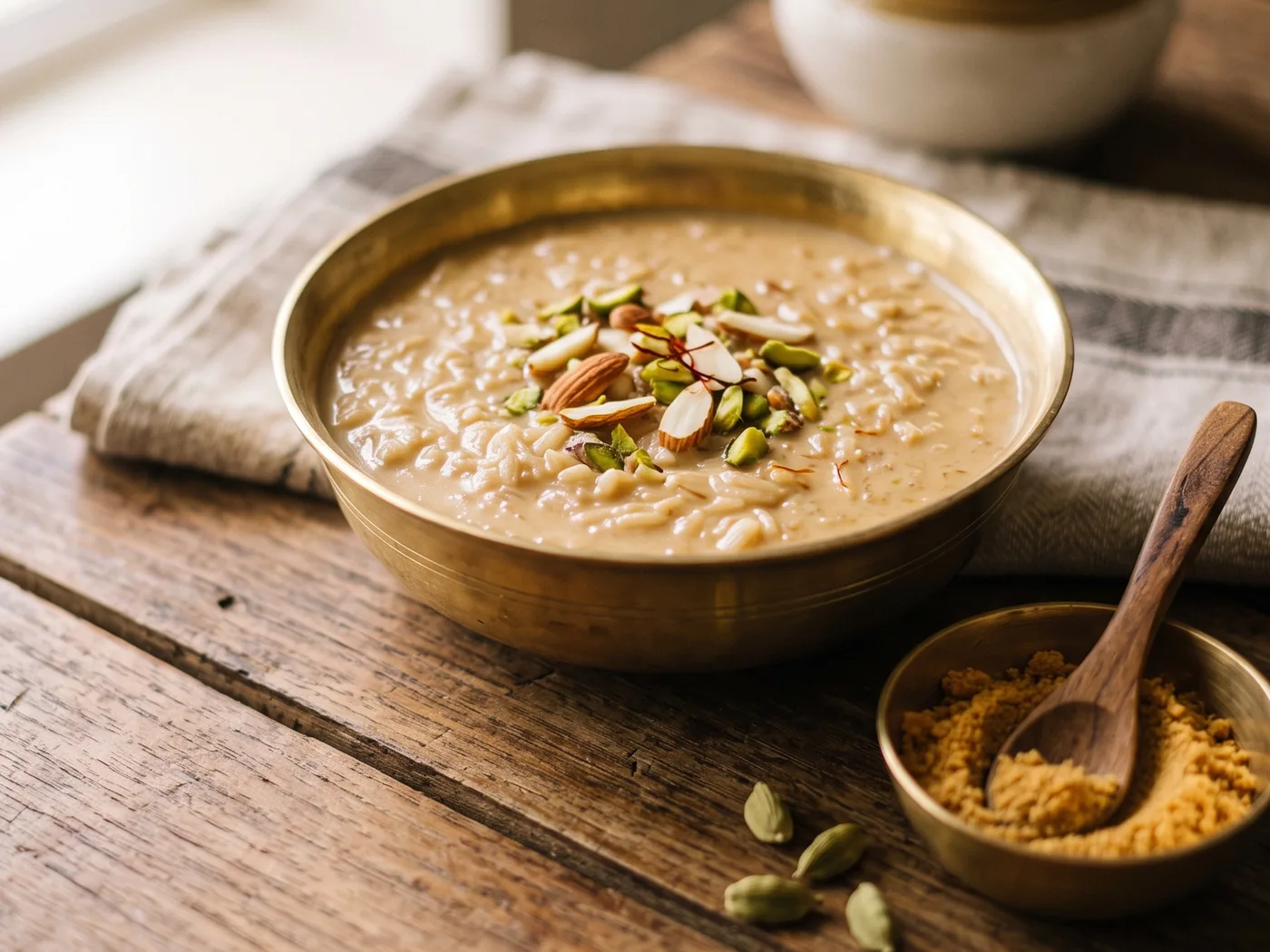 A brass bowl of caramel-coloured gur ki kheer topped with slivered nuts, beside a small bowl of jaggery powder