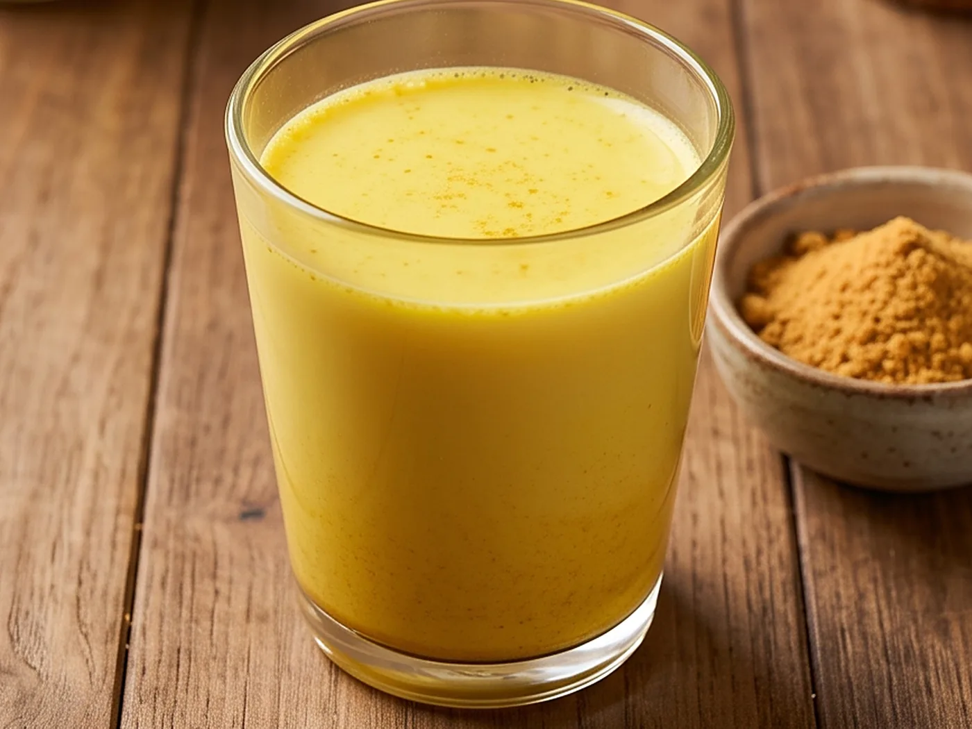 A glass of golden haldi doodh on a wooden table with a small bowl of jaggery powder beside it