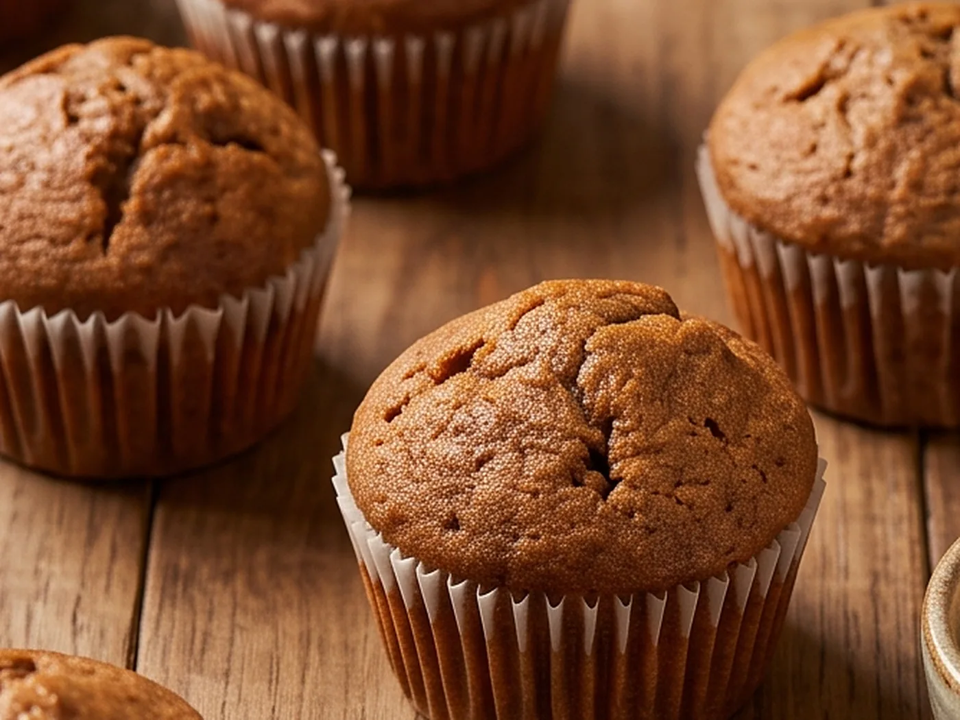 Dark golden whole wheat muffins baked with jaggery, cooling on a wooden table