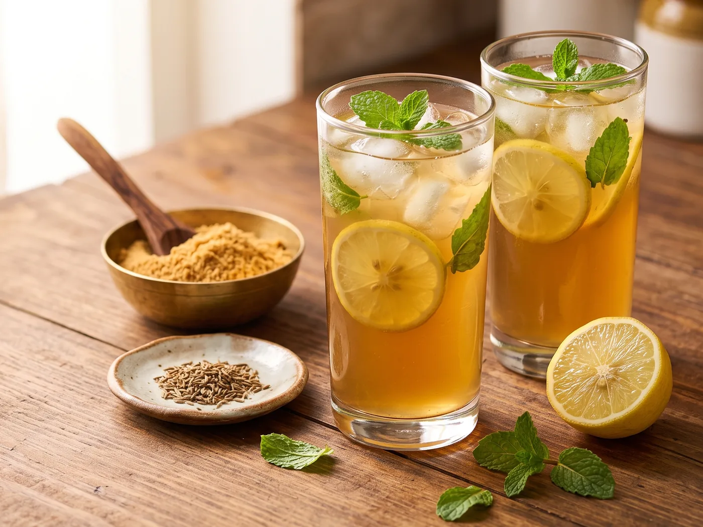 Two tall glasses of amber nimbu gur sharbat with ice, lemon slices and mint, beside a bowl of jaggery powder