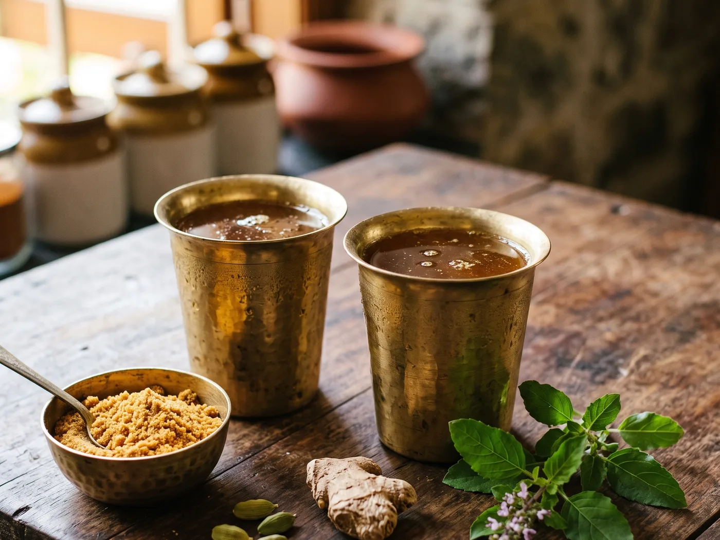 Two brass tumblers of amber panakam with cardamom pods, a piece of dry ginger, tulsi leaves and a brass bowl of jaggery powder