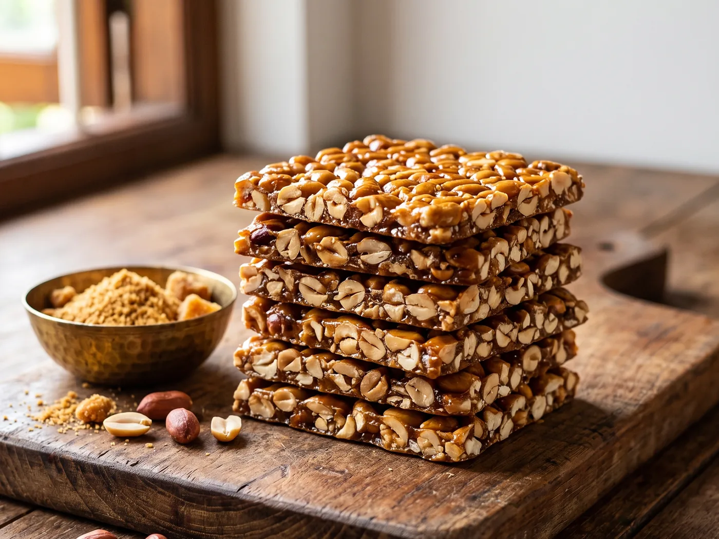 A stack of peanut chikki bars on a wooden board, with loose peanuts and a brass bowl of jaggery powder beside it