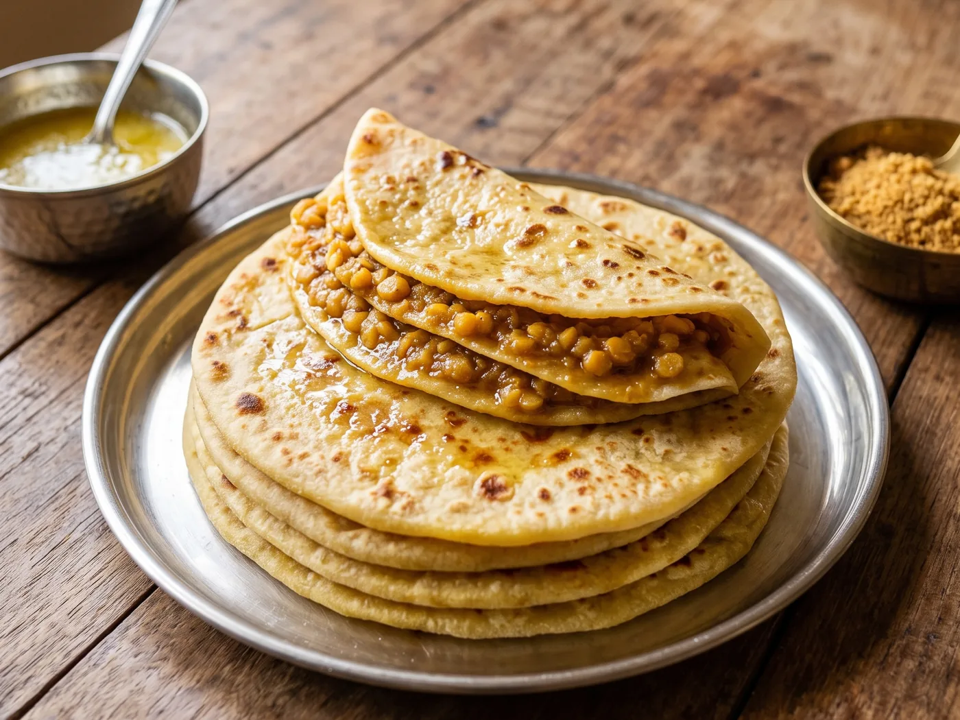 A stack of golden puran poli on a steel plate, the top one folded to show the chana dal and jaggery filling, with bowls of ghee and jaggery powder