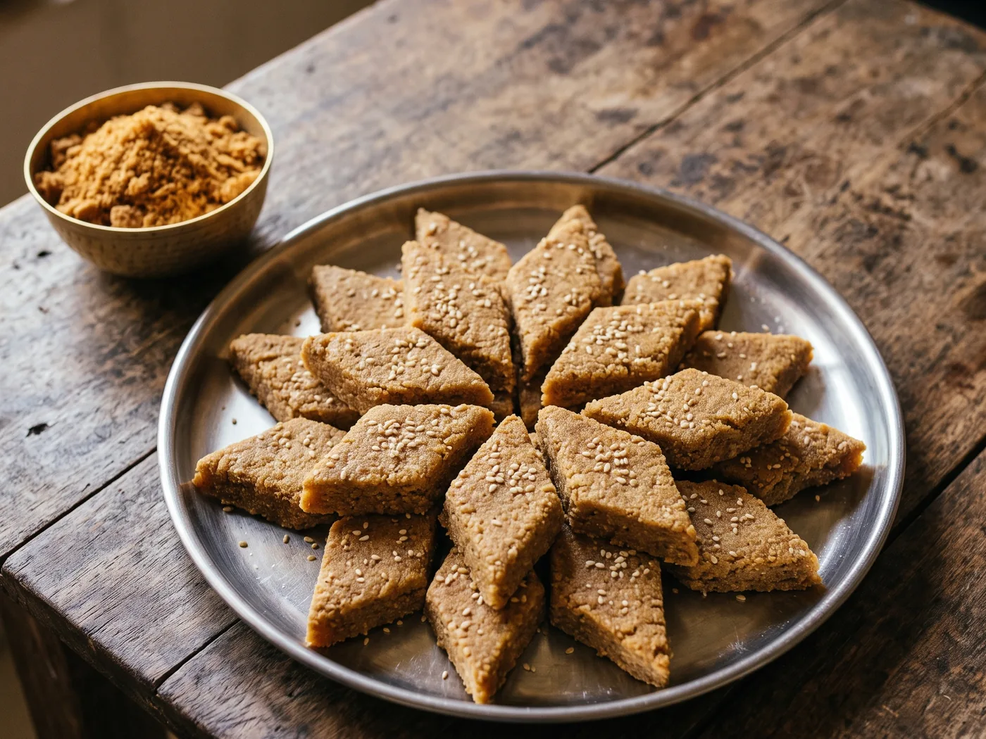Diamond-shaped pieces of sukhdi topped with sesame seeds, arranged in a star on a steel plate, beside a brass bowl of jaggery powder
