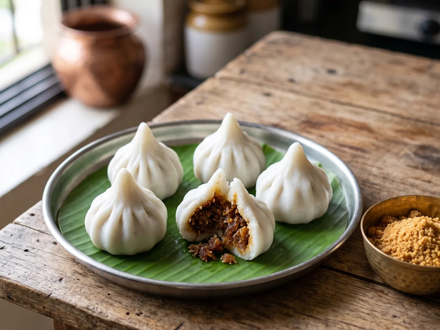Five white ukadiche modak on a banana leaf, one broken open to show the coconut and jaggery filling, beside a brass bowl of jaggery powder